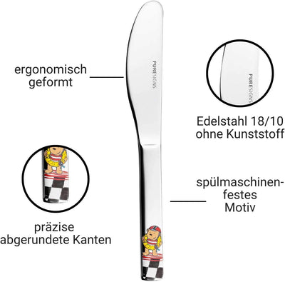 Puresigns Kindergeschirr Set 7-teilig QUICK, Keramik Geschirr & Edelstahl Besteck für kleine Helden