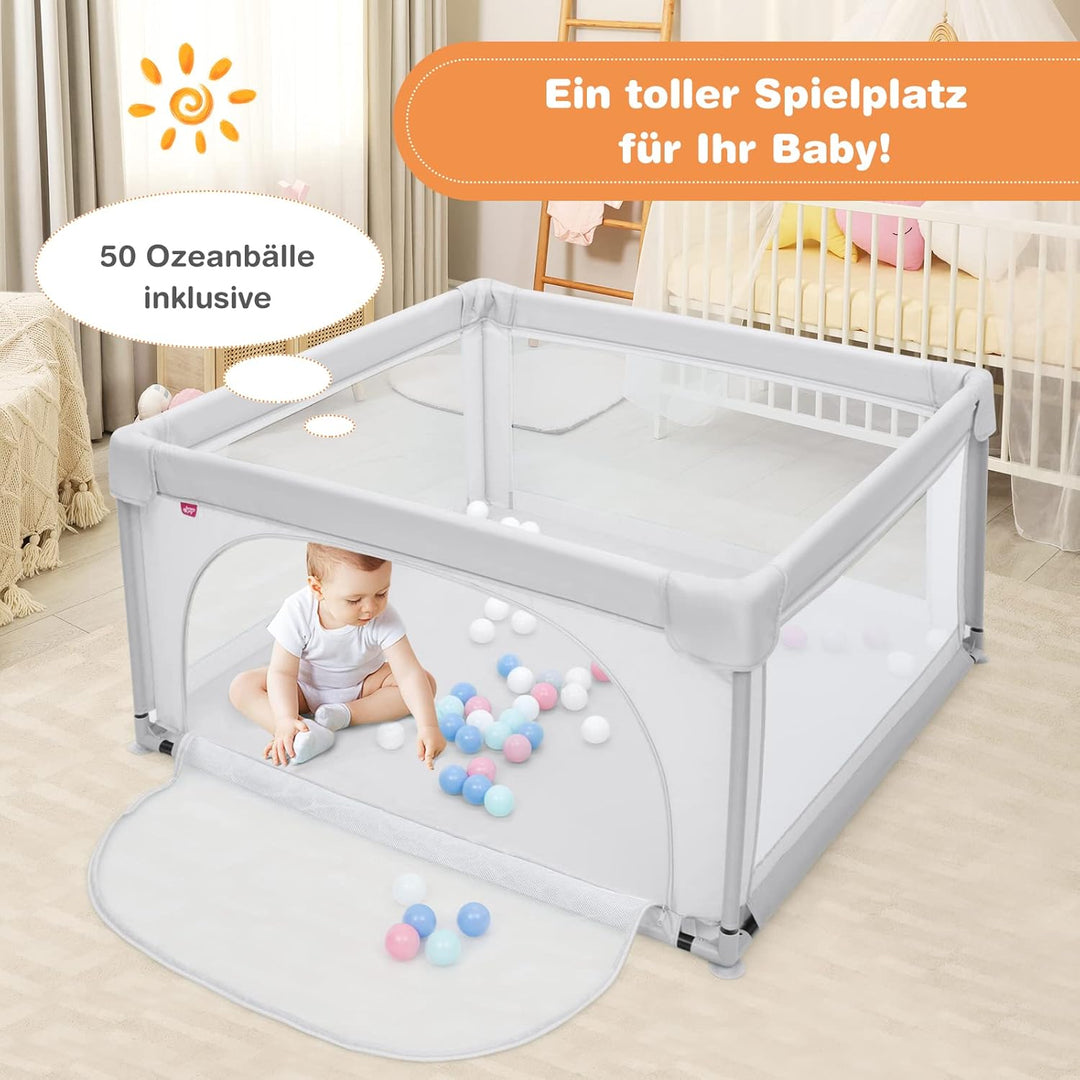 DREAMADE 120 x 120 cm Laufstall Baby, Laufgitter mit 50 Spielbällen & 2 Zugring, Schutzgitter mit At