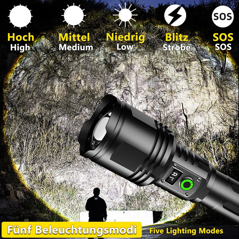 ASORT LED Taschenlampe Extrem Hell 40000 Lumen, Type-C Aufladbar, IPX67 Wasserdicht, Der LCD-Bildsch