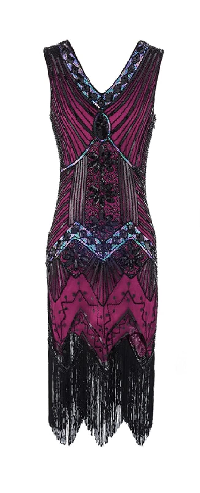 20er Jahre Charleston Pailletten Kleid Schwarz/Gold/Multicolor mit Fransen Flapper Damen-Kostüm, Pin