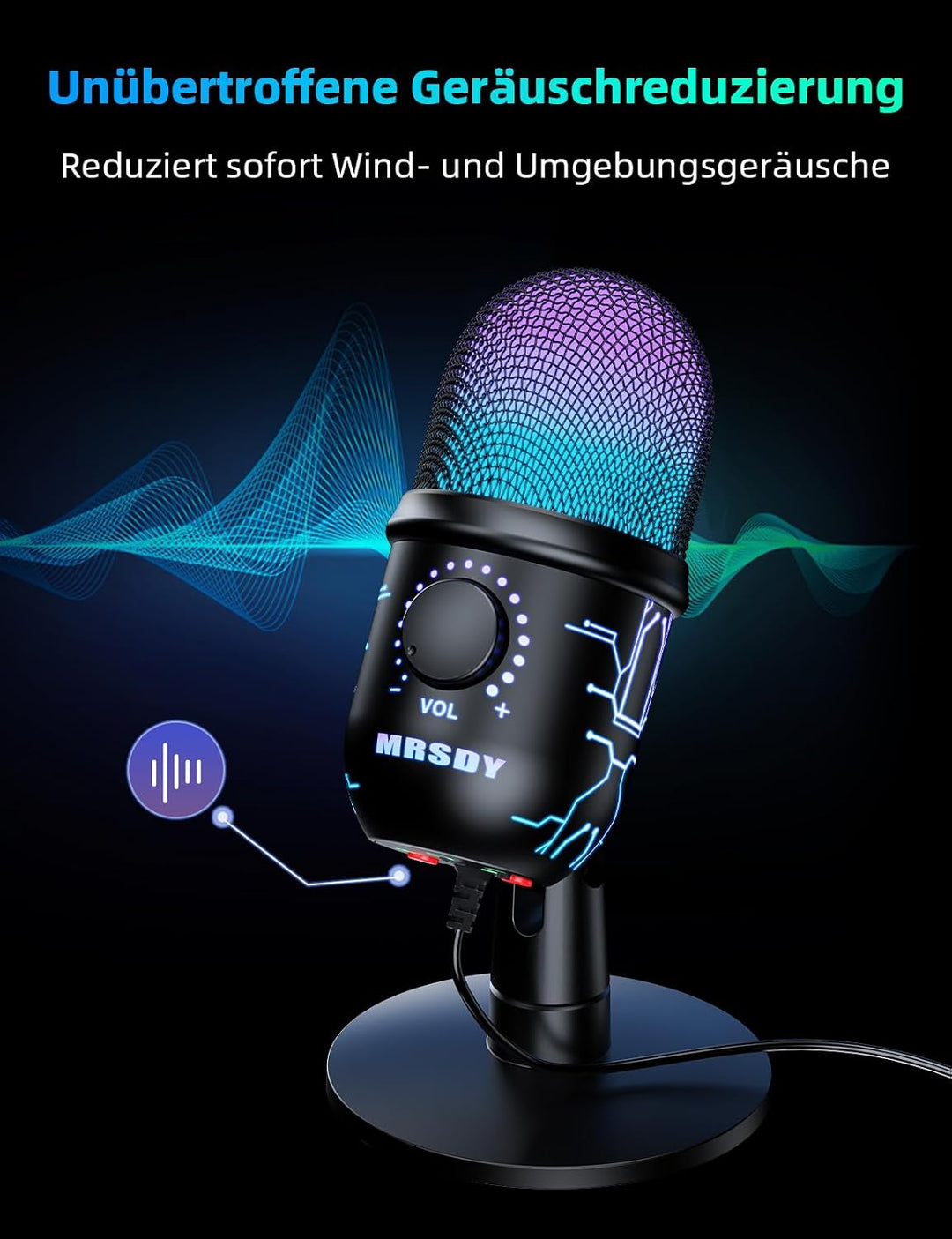 MRSDY USB-Gaming-Mikrofon für PC mit Rauschunterdrückung | Stummschalten, Verstärkung, RGB, Kondensa