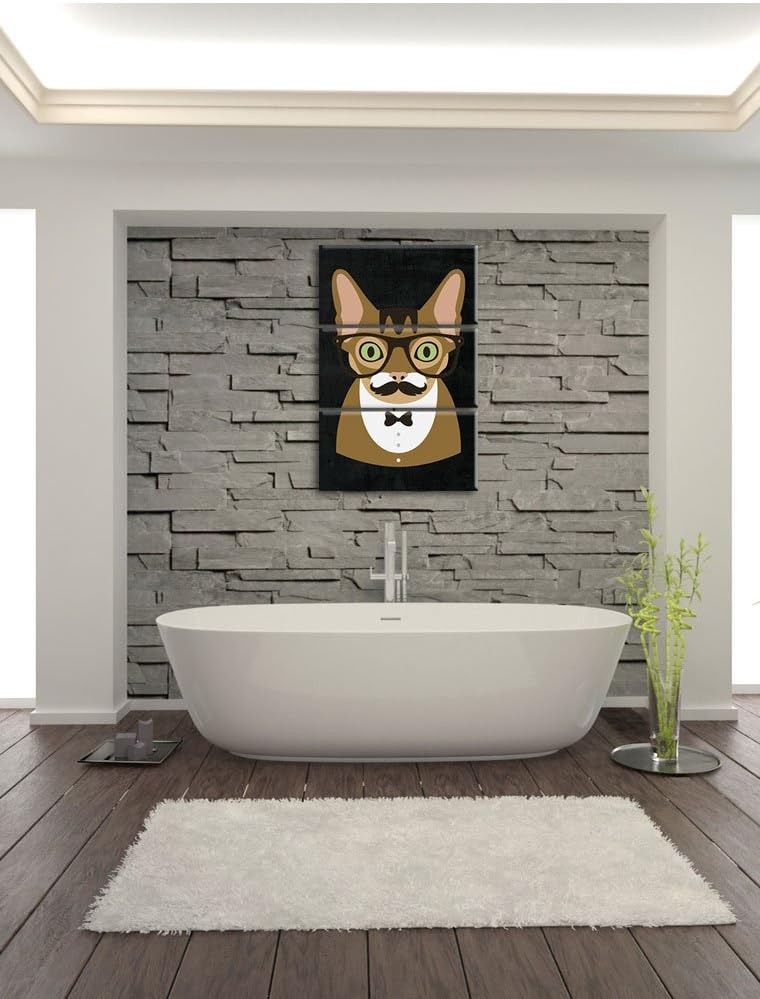 Pixxprint Hipster Katze mit Brille, Schnurbart und Fliege (Main Coon) schwarz 3-Teiler Leinwandbild