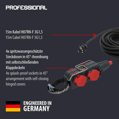 Brennenstuhl Professional Powerblock mit Verlängerungsleitung/Verteilersteckdose 4-Fach (15m Kabel s