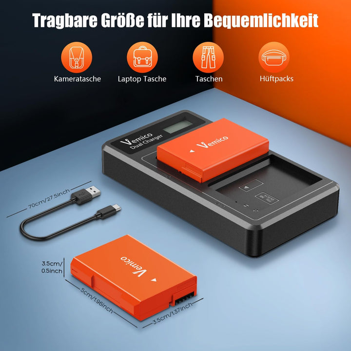 Vemico EN-EL14 EN-EL14A Akku Ladegerät Kit 2 Pack 1500mAh Ersatzakkus Typ C LCD Dual Ladegerät für N