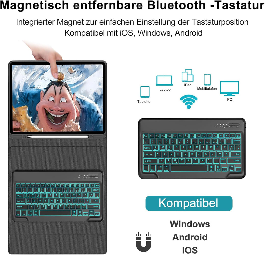 Hülle mit Tastatur für iPad Pro 12.9 (6/5/4/3 Gen), 7 Farben Beleuchtung, Deutsches QWERTZ, Magnetis