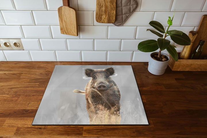 Neugieriges Wildschwein auf einem Feld B&W Detail Herdabdeckplatte & Spritzschutz aus Echtglas | Für
