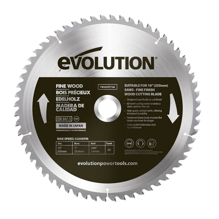 Evolution FW255TCT-60 - 255 mm feines Holzsägeblatt - Hartmetallbestücktes Sägeblatt mit 60 Zähnen l
