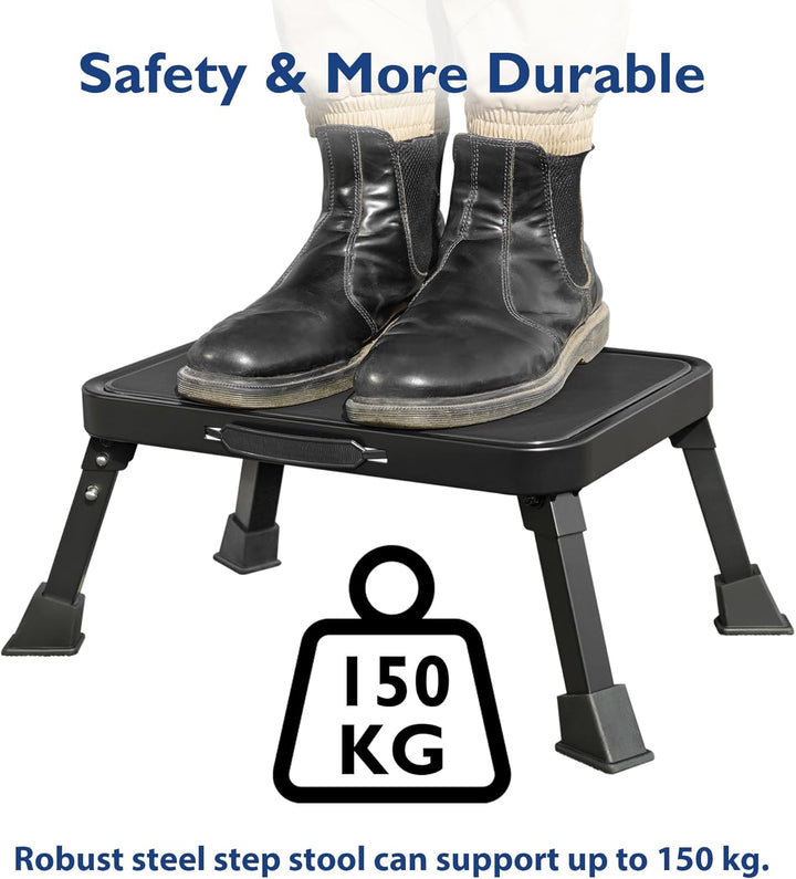 BONTEC Klappbarer Tritthocker, 150 kg Kapazität, Anti-Rutsch-Pedal, tragbare Metallleiter mit Griff,