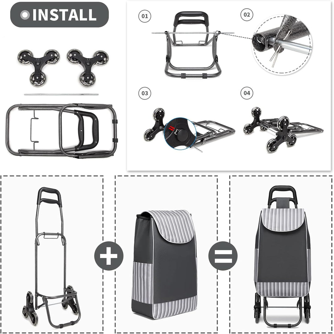 Kono Einkaufstrolley Stabiler 2 in 1 Klappbar Einkaufswagen Multifunktional Treppensteigwagen mit 3