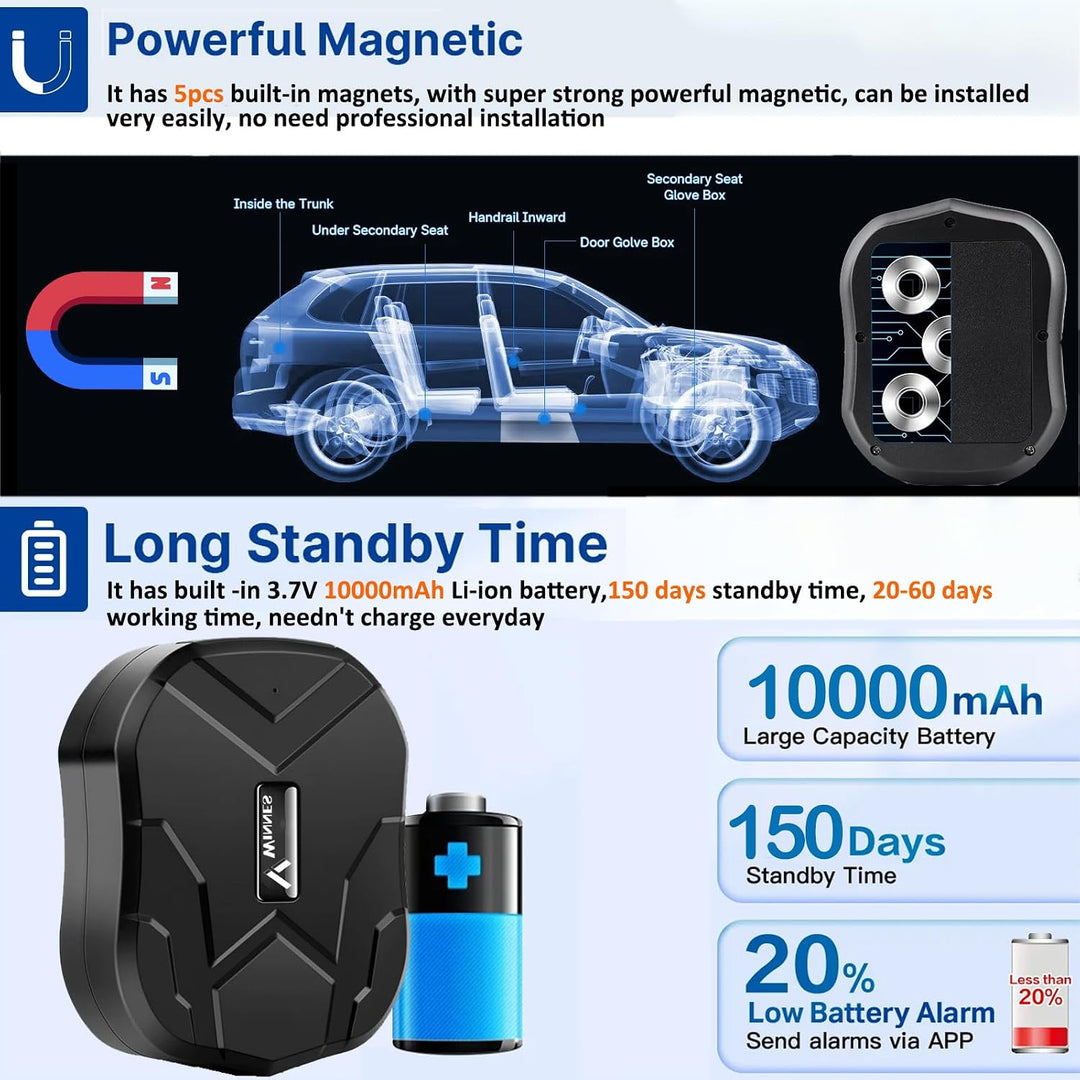 GPS Tracker Auto ohne ABO, 10000mAh GPS Tracker mit Starker Magnet, Langer Standby Echtzeit Position