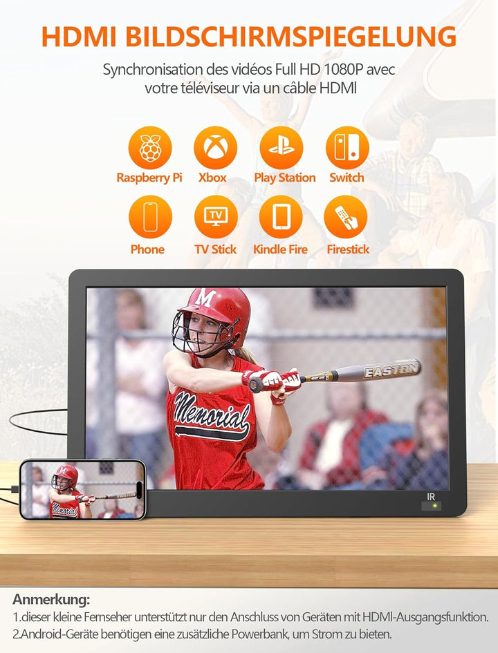 DESOBRY 14.2 Zoll Tragbare Fernseher, 1080P wiederaufladbare mit DVB-T2-Tuner, Outdoor-TV-Unterstütz