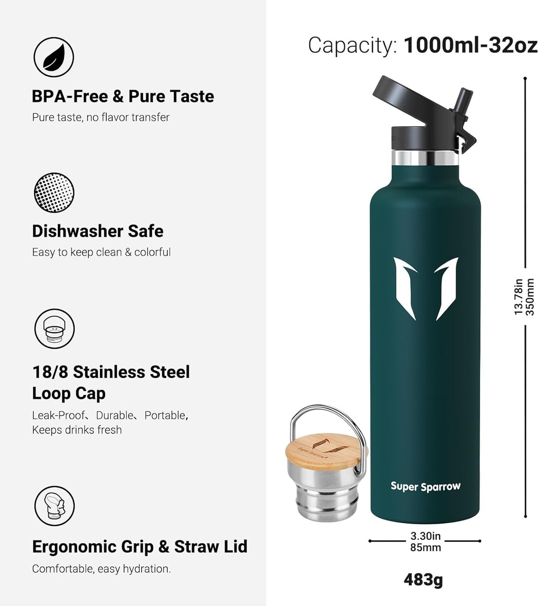 Super Sparrow Trinkflasche Edelstahl - 500ml/750ml/1L - Auslaufsicher Thermoskanne, BPA-Frei Wasserf