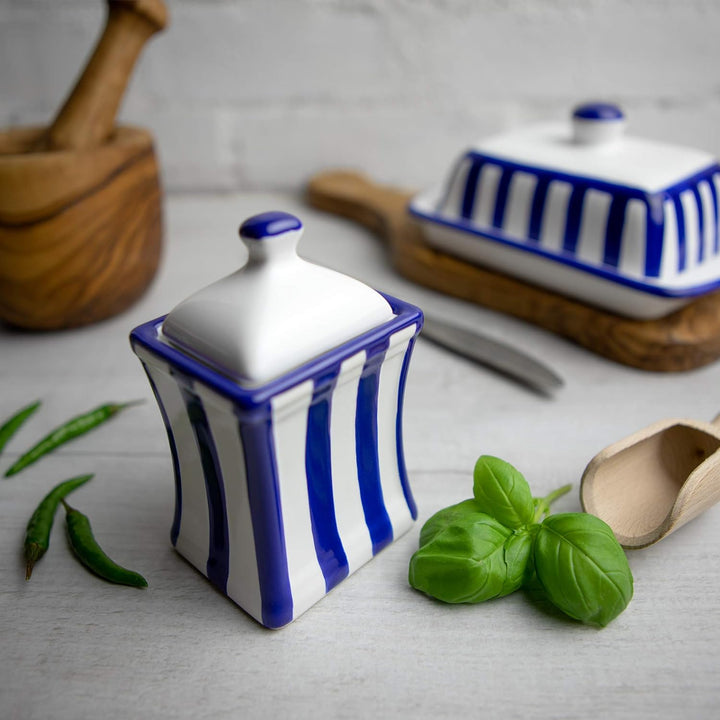 City to Cottage® - Keramik Behälter Küche 150 ml | Blau-Weiss gestreift | Handgemacht | Behälter mit