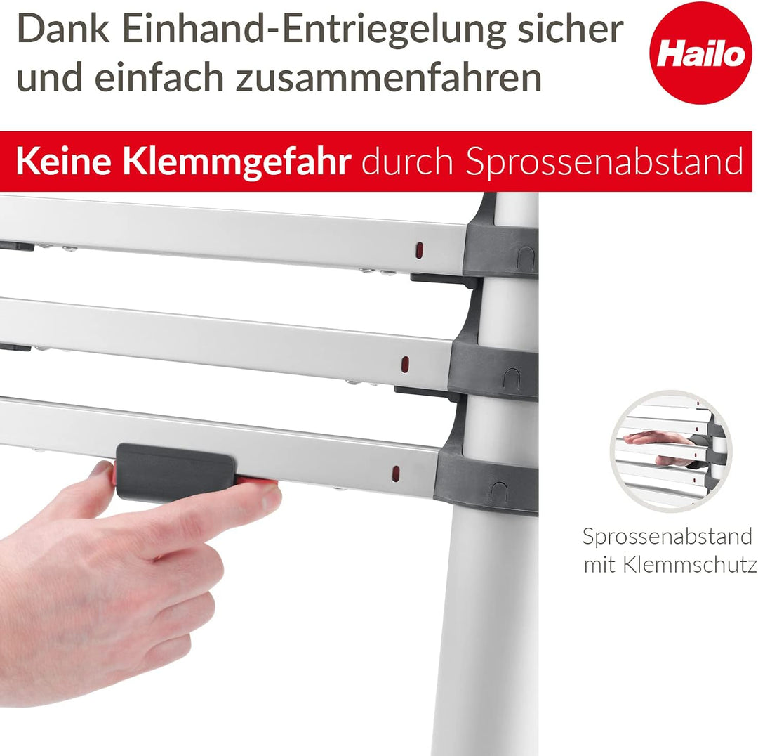 Hailo T80 FlexLine Alu Sicherheits-Teleskopleiter - ausziehbare Anlegeleiter mit 11 Sprossen - Arbei