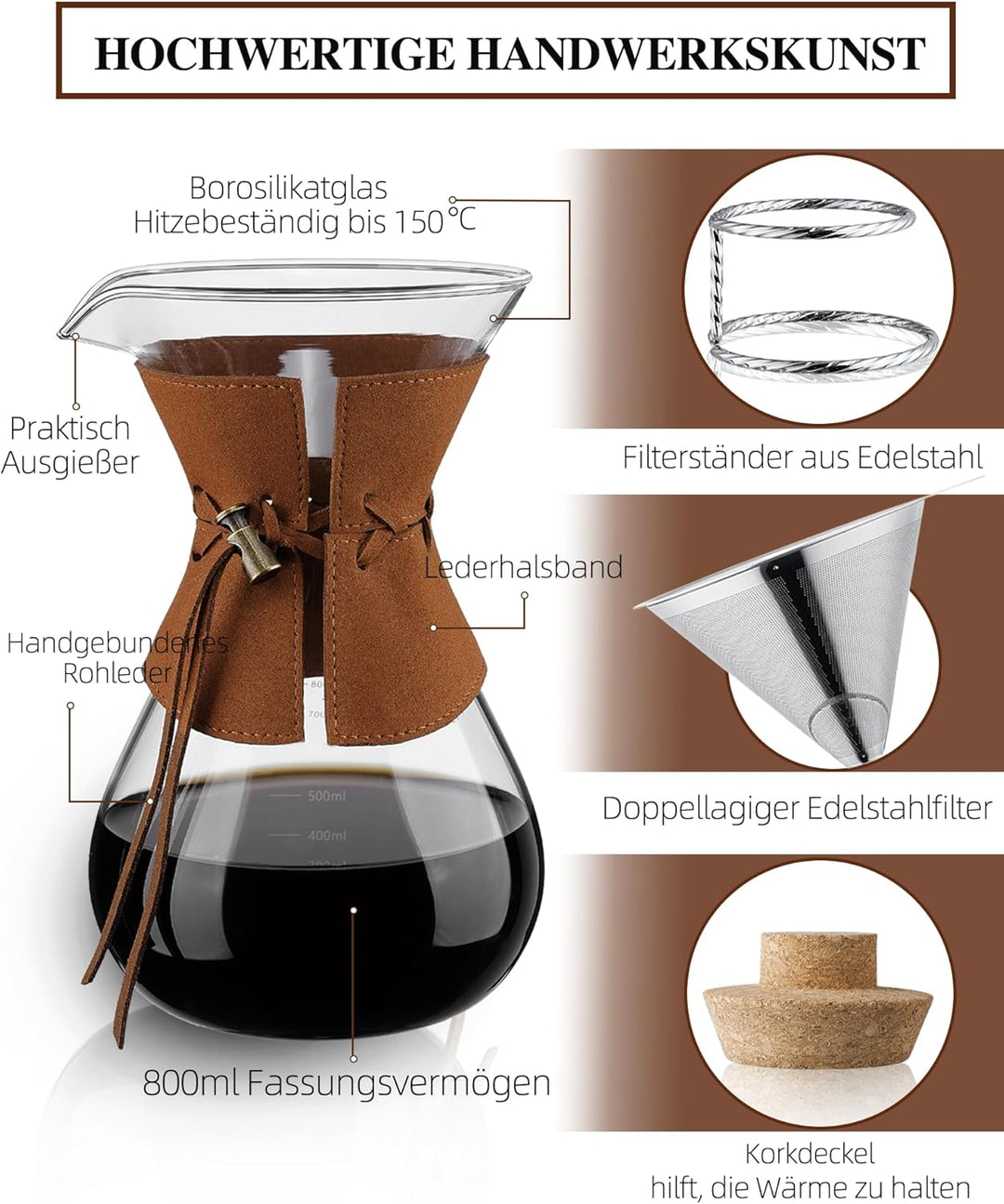 Kaffeebereiter mit Filter aus Edelstahl, 800ml Kaffeekanne für 5-6 Tassen Glas Pour Over Kaffeebrühe