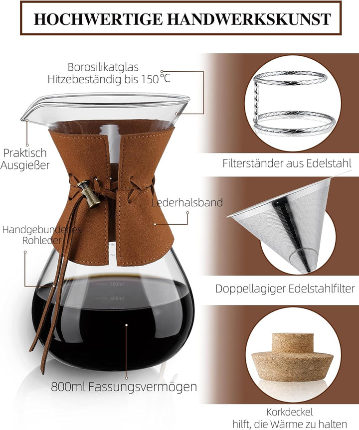 Kaffeebereiter mit Filter aus Edelstahl, 800ml Kaffeekanne für 5-6 Tassen Glas Pour Over Kaffeebrühe