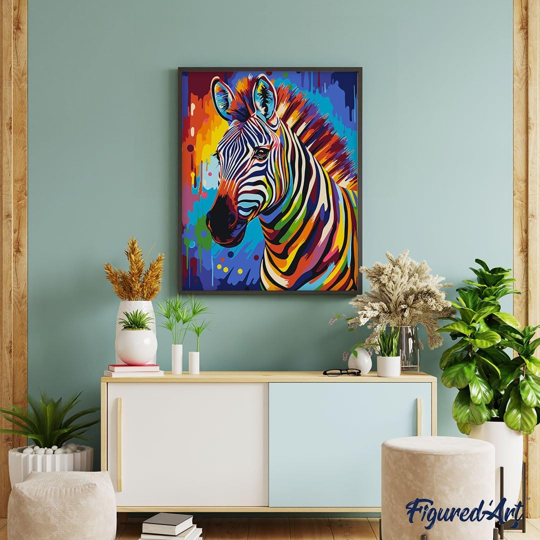 Figured'Art Malen Nach Zahlen Erwachsene Mit Rahmen Zebra Farbenfroh Abstrakt - Paint by Numbers Bas