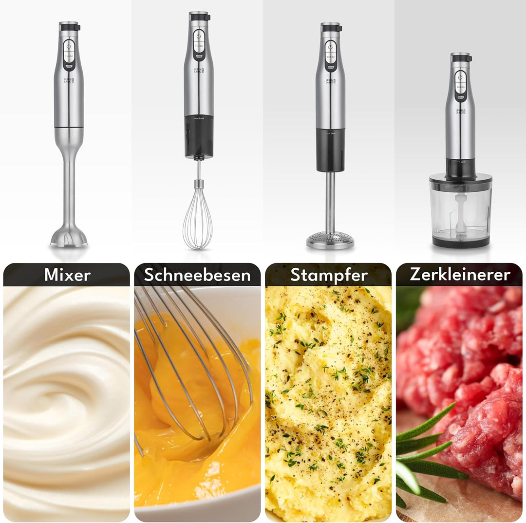 LEBENLANG Premium 1200W Stabmixer Set - Inkl. 5x Zubehör & Spritzschutz I Stufenlos verstellbar & Tu