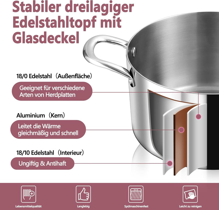 TEAMFAR Kochtopf Gross 26cm, 3-Lagen Edeastahl 6,6L Topf mit Glasdeckel für alle Herdarten, Suppento