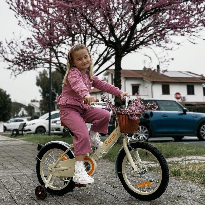 STITCH 14/16 Zoll Kinderfahrrad für 3-7 jährige Mädchen, Kinderfahrrad mit Frontkorb und Stabilisato