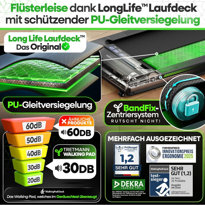 NEU Tretmann Walking Pad mit Steigung klappbar – extra leise [LongLife Laufdeck] mit App bis 150 kg