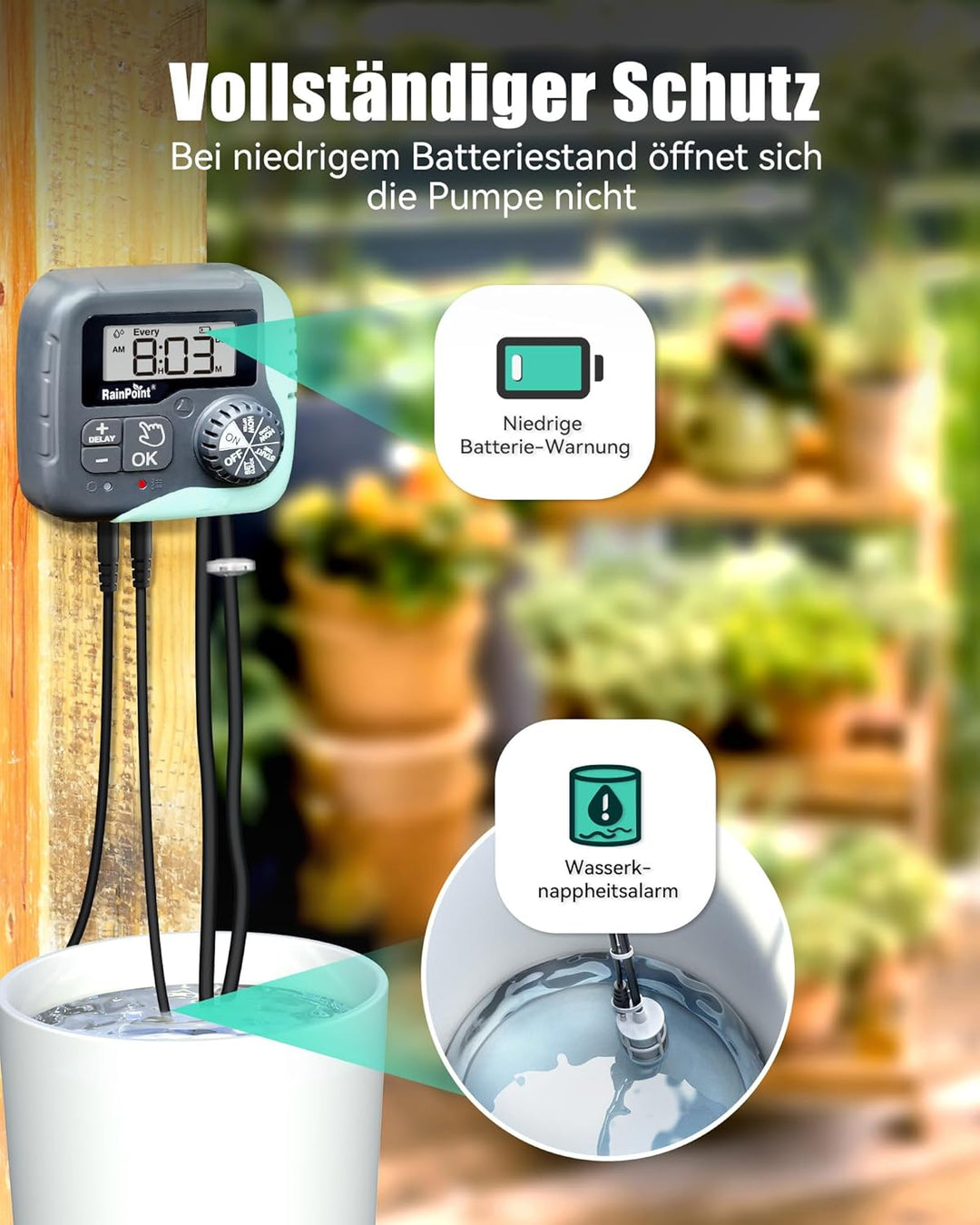 RAINPOINT Solar Bewässerungssystem, 45L/H Automatische Solar Bewässerung mit Programmierbarem Timer,