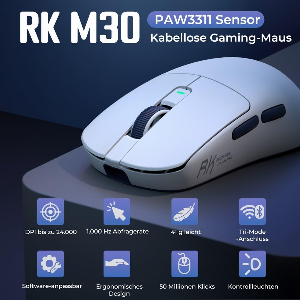 RK ROYAL KLUDGE M30 Gaming Maus Kabellos, 12000 DPI PixArt PAW3311 Sensor, 41g Ultralight Wireless M