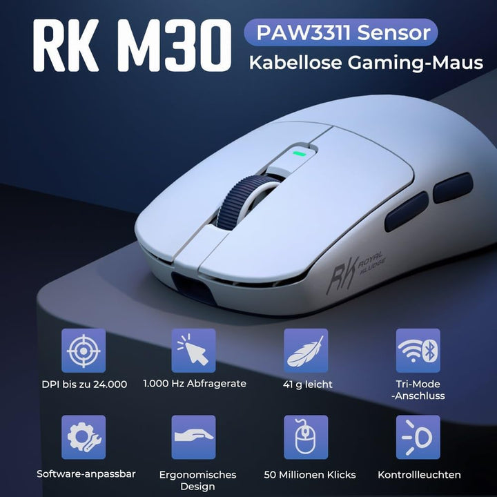 RK ROYAL KLUDGE M30 Gaming Maus Kabellos, 12000 DPI PixArt PAW3311 Sensor, 41g Ultralight Wireless M