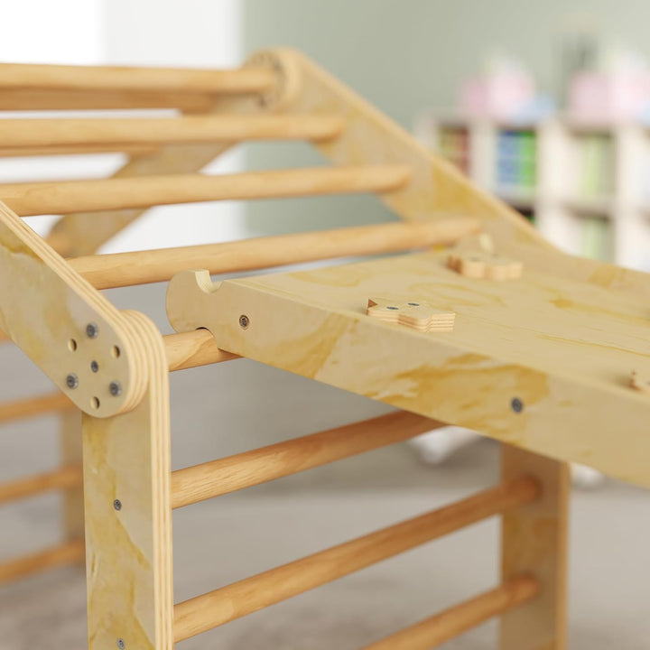 AIYAPLAY 9-in-1 Montessori Klettergerüst Indoor Holz Kletterdreieck mit Rutsche, Kletterbogen, Rampe