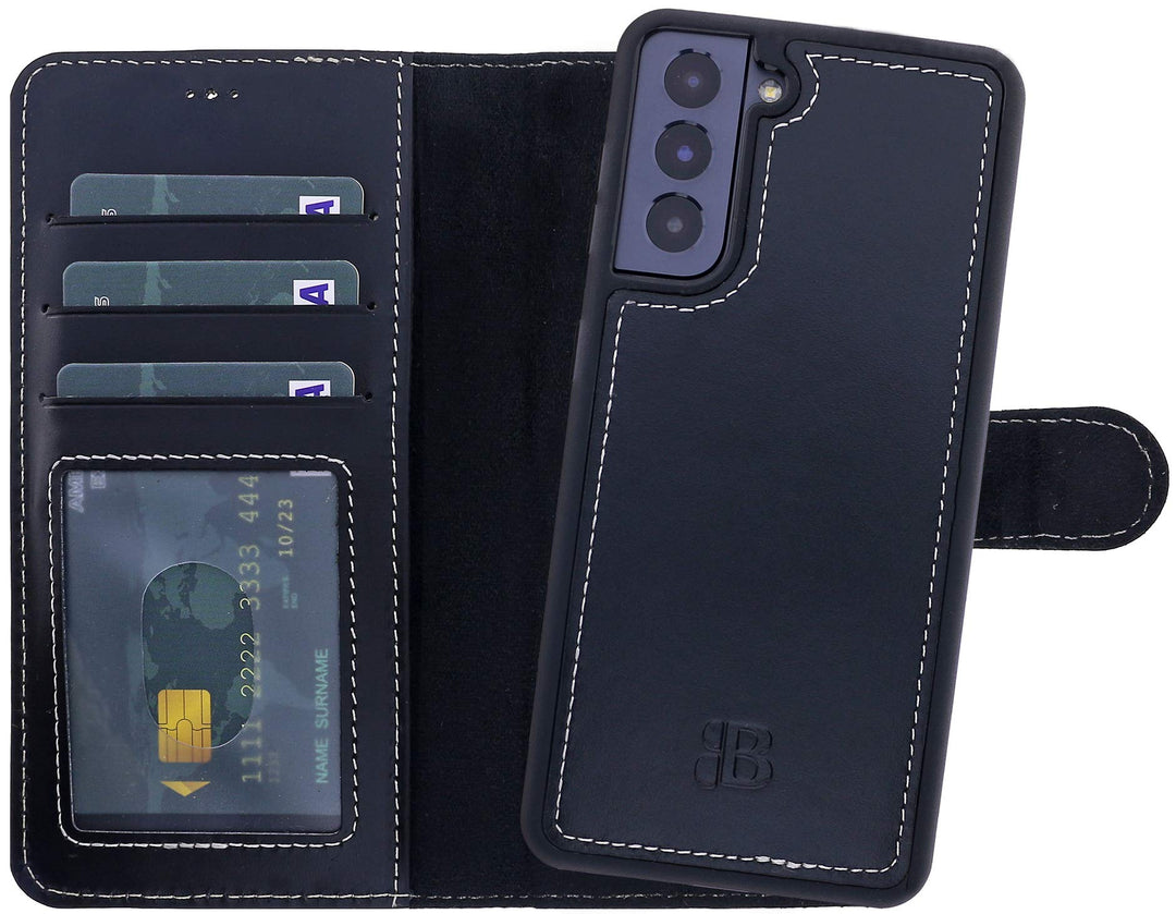 Burkley 2-in-1 Leder Handytasche für Samsung Galaxy S21 FE - Abnehmbares Back Cover, 360° Schutz, RF
