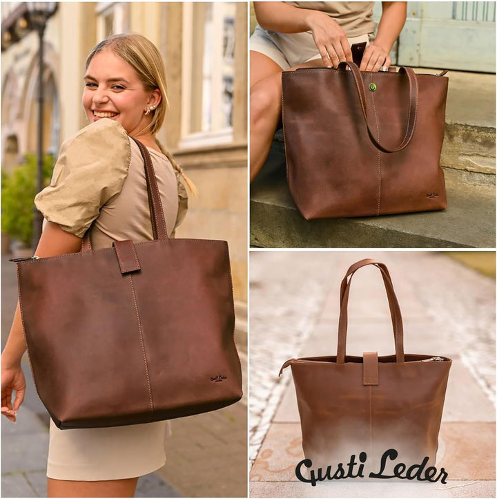 Gusti Shopper Leder - Alexandra Handtasche Damen Arbeitstasche Leder Braun, Braun