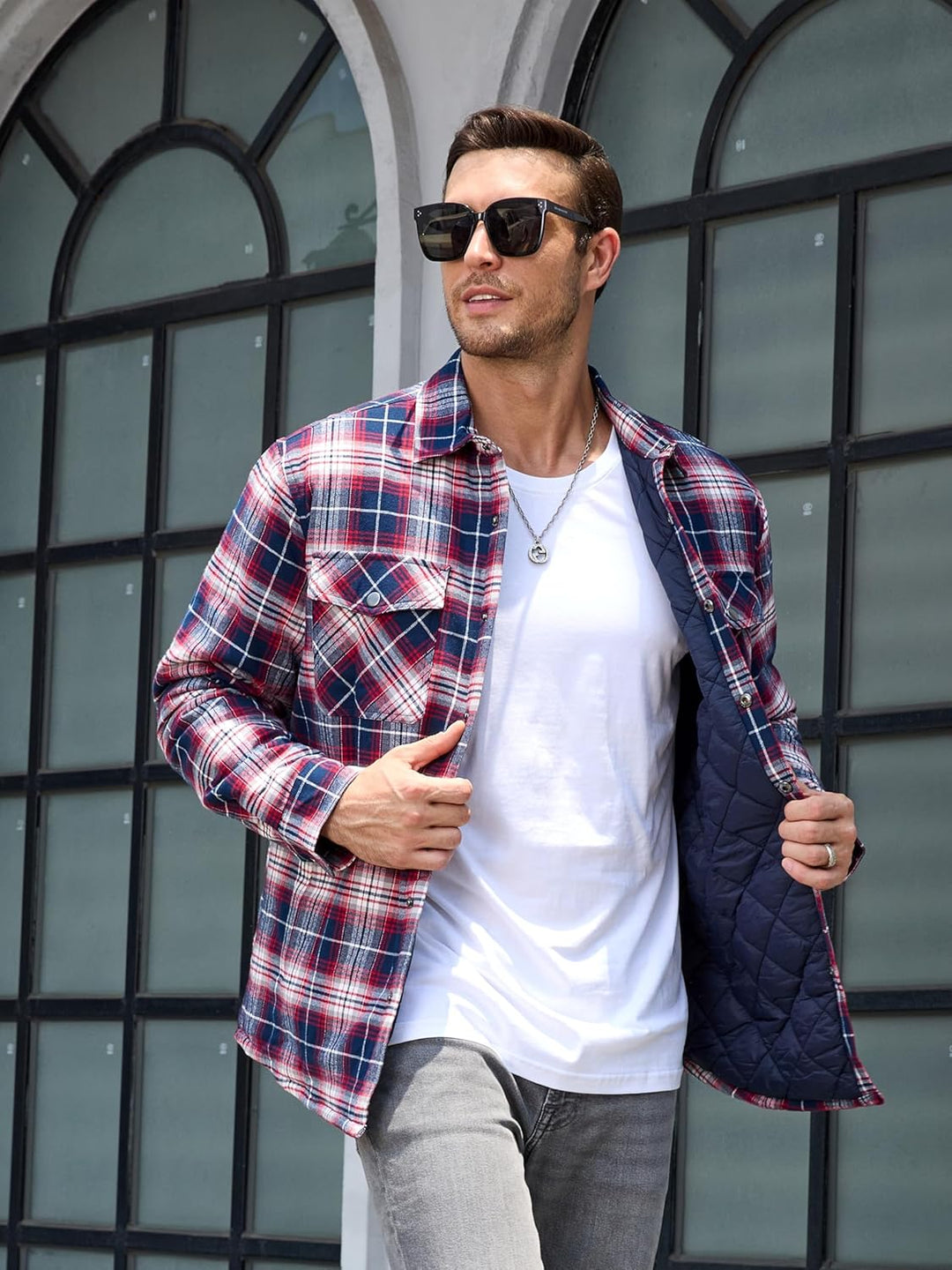 TACVASEN Herren Karierte Hemdjacke Flanellhemd Holzfällerhemd Thermohemd Jacke S Rot Weiss, S Rot We