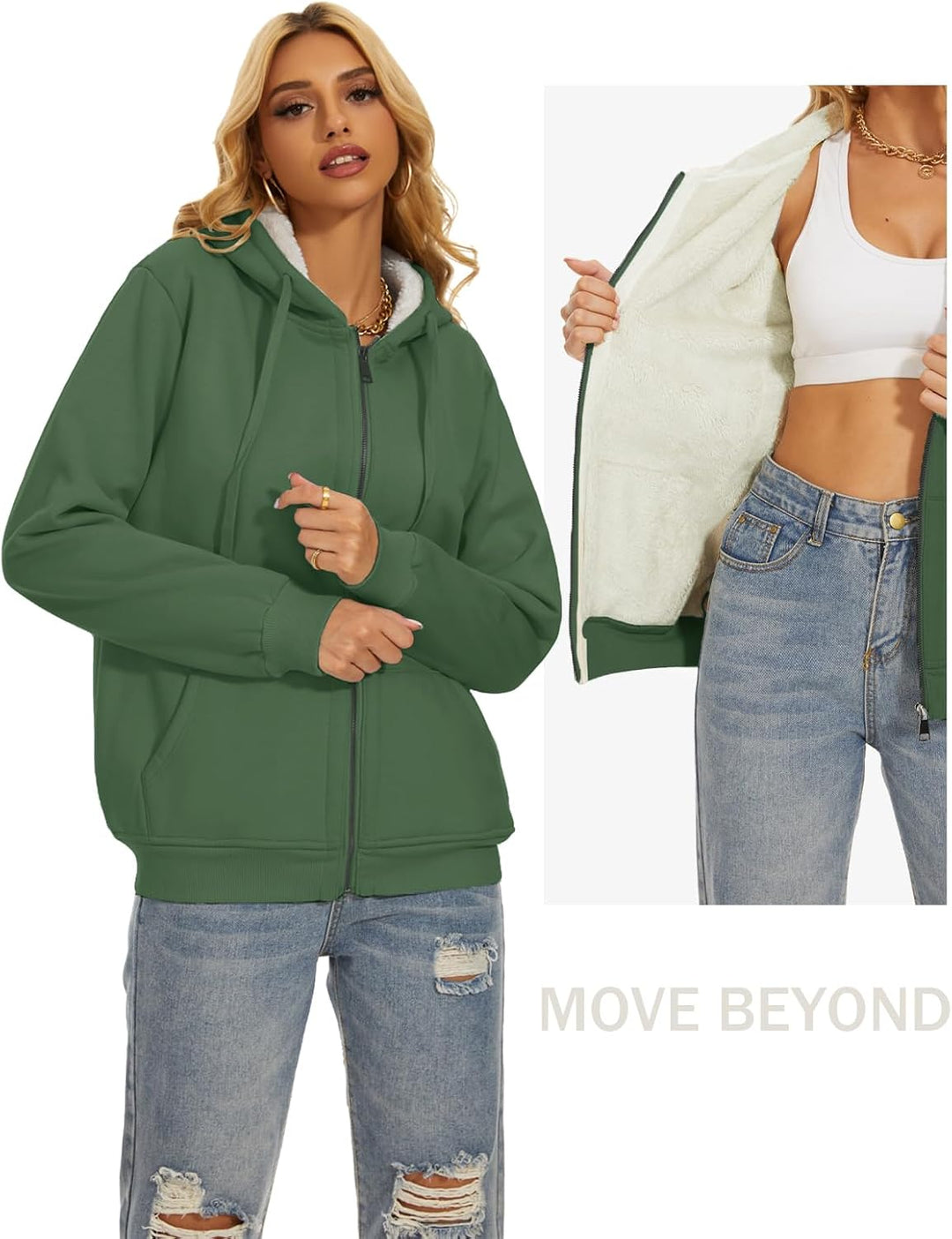 MOVE BEYOND Sweatjacke Damen Kapuzenjacke Hoodie Fleece mit Zipper Fleecepullover Fleecejacke mit Ka
