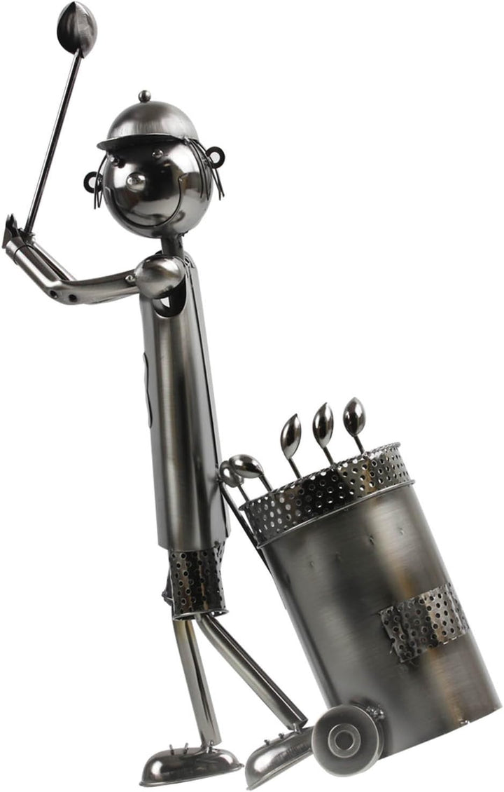 Moderner Wein Flaschenhalter Flaschenständer Golfspieler aus Metall in Silber Höhe 53 cm