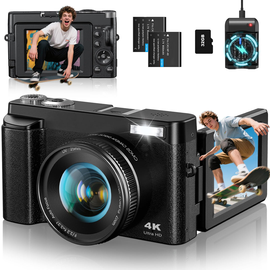CAMKORY 4K Digitalkamera 48MP Kompaktkamera Fotokamera Autofokus mit 180° Flip-Bildschirm,16X Digita