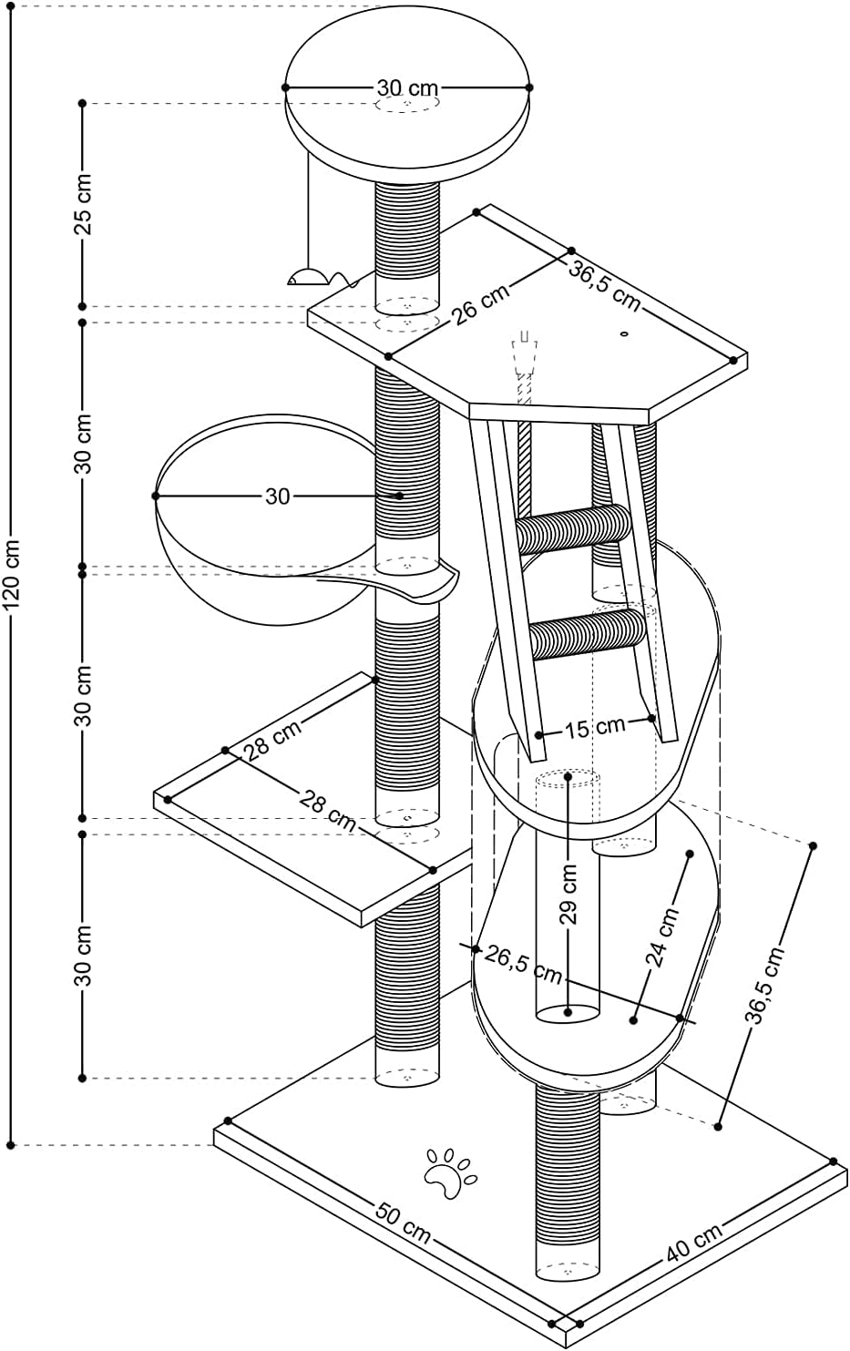 Beltom® KRATZBAUM KATZENKRATZBAUM KLETTERBAUM KATZENBAUM SPIELBAUM Park Spiele H. 120 cm - Grau, Gra