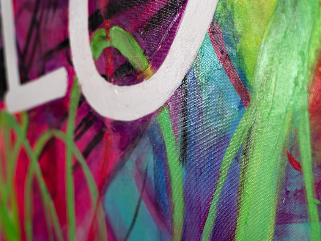 YS-Art XXL Abstrakt Fluoreszierendes selbst leuchtendes Acryl 3D Gemälde auf Leinwand Love handgemal