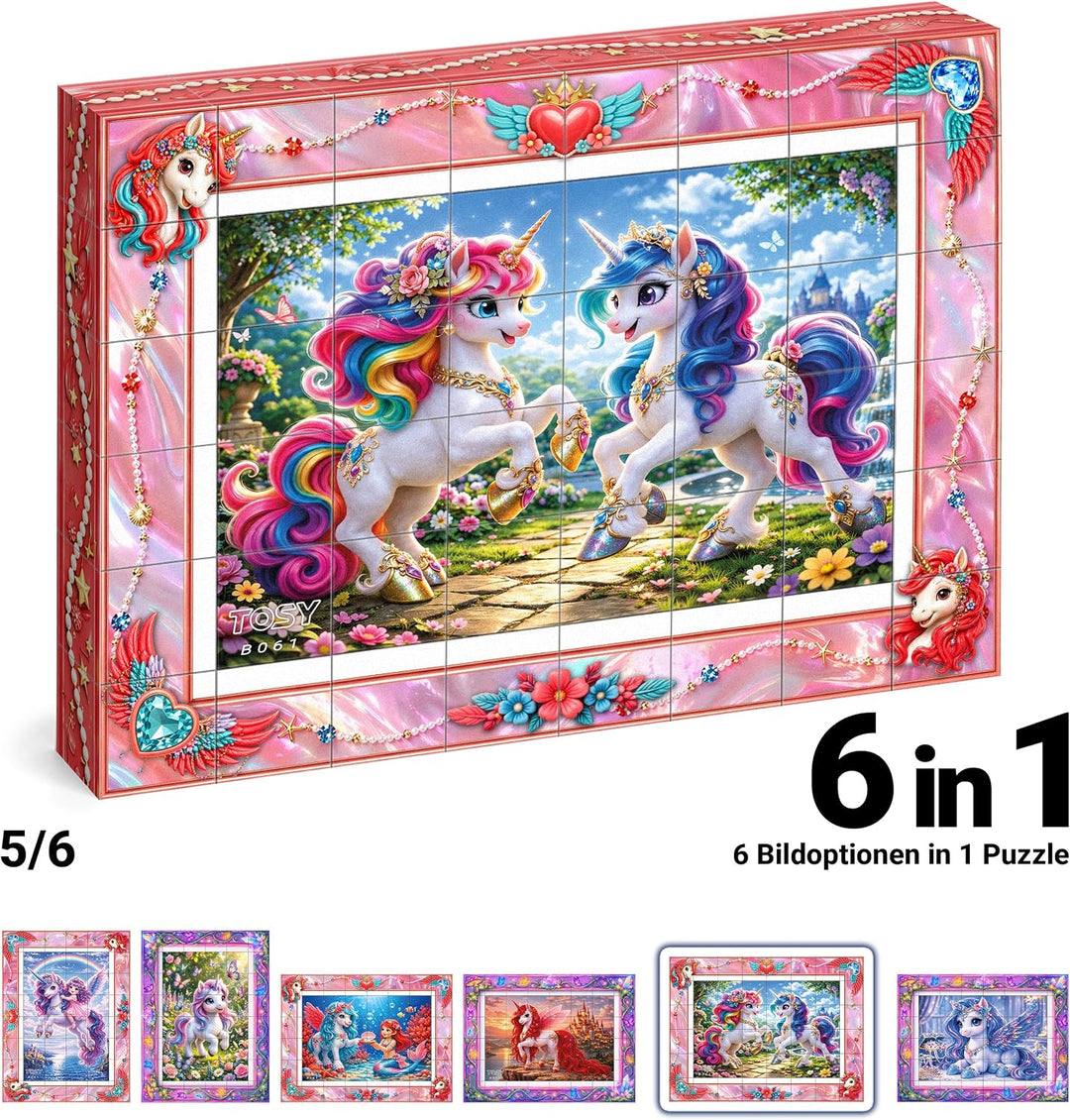 TOSY Picture Cube Fairy Unicorns: 6-in-1 magnetisches Bilderpuzzle, 48 Blöcke, 288 Flächen/Magnete,
