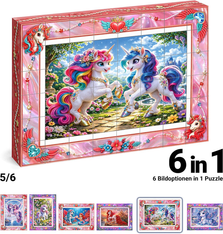 TOSY Picture Cube Fairy Unicorns: 6-in-1 magnetisches Bilderpuzzle, 48 Blöcke, 288 Flächen/Magnete,