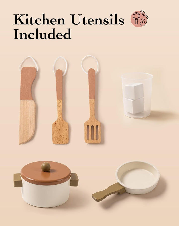 ROBUD Spielküche Holz für Kinder, Kinderküche Holz Küchen Spielset mit Interaktivem Zubehör & Eiswür
