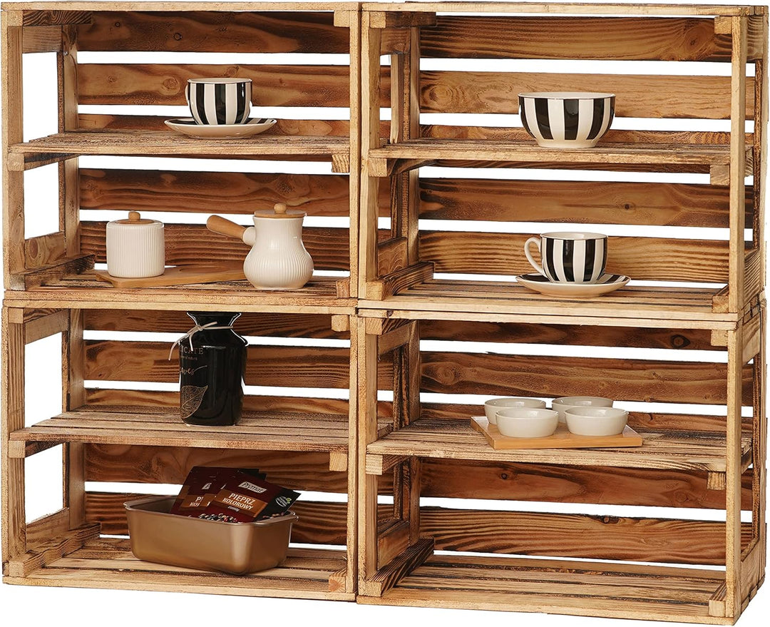 GrandBox Geflammte Holz-Kiste 50x40x30cm 2er Set, mit Mittelbrett, Wein-Kiste, Obst-Kiste, Kaminholz