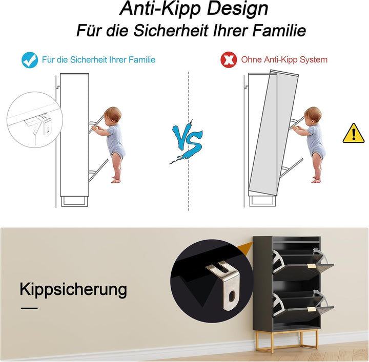 UEV Schuhschrank mit 2 Klappen, 50x24x103,5cm,Schuhkipper Schmal,Schuhkommode Flur Wohnzimmer Eingan