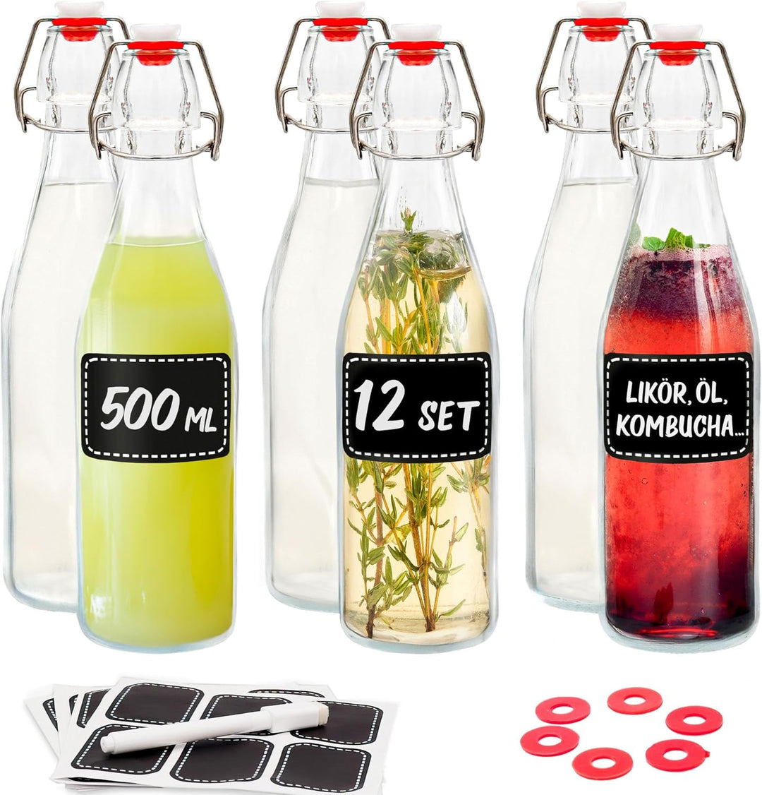 Praknu 12er Set Glasflaschen 500ml mit Bügelverschluss - Bügelflaschen Zum Befüllen - inkl 12 Extra