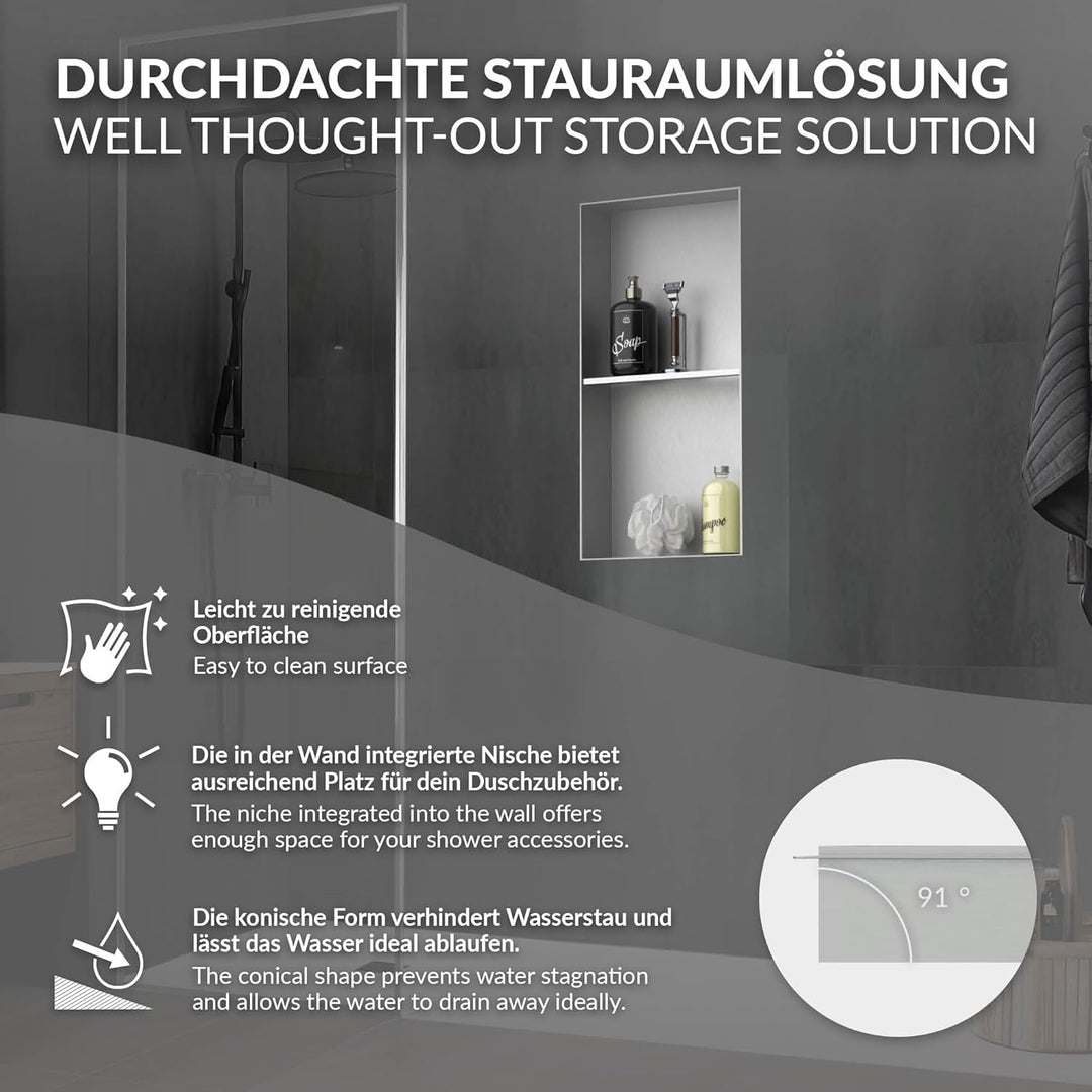 LuxeBath Wandnische Doppel aus Edelstahl, 30x60x10 cm, Silber, Duschnische, Randlos, Einbauregal, Fl