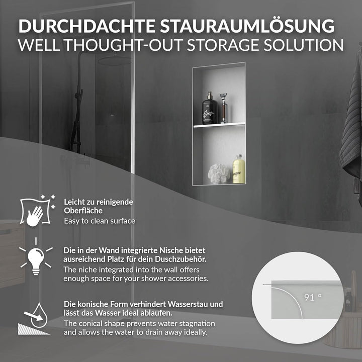 LuxeBath Wandnische Doppel aus Edelstahl, 30x60x10 cm, Silber, Duschnische, Randlos, Einbauregal, Fl