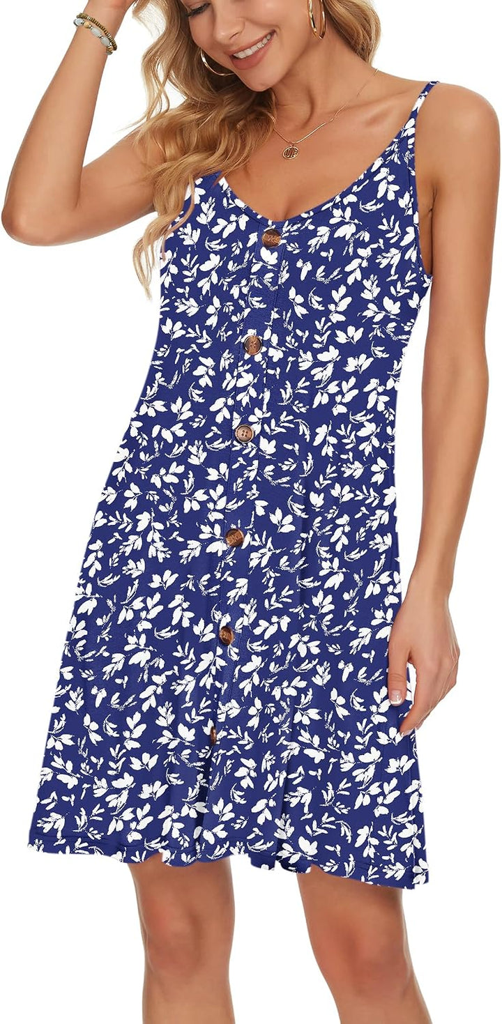 WNEEDU Damen Kleid Sommer Spaghettiträger Sommerkleid Kurze Strandkleider V Ausschnitt Leichte Freiz