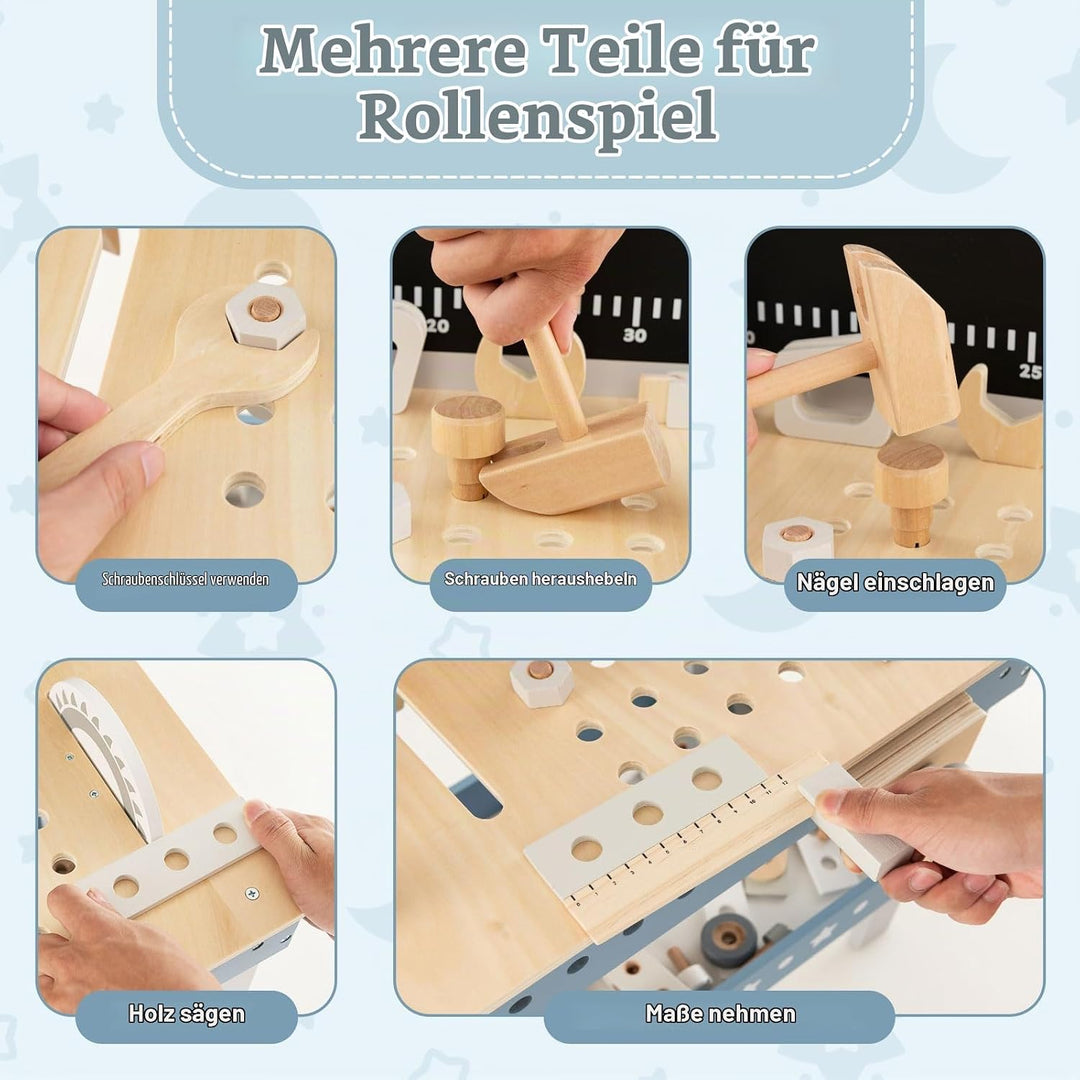 DREAMADE Werkbank Kinder, Werkzeugbank für Kinder aus Holz mit 61 Zubehör, Werkzeug Spielzeug Set mi