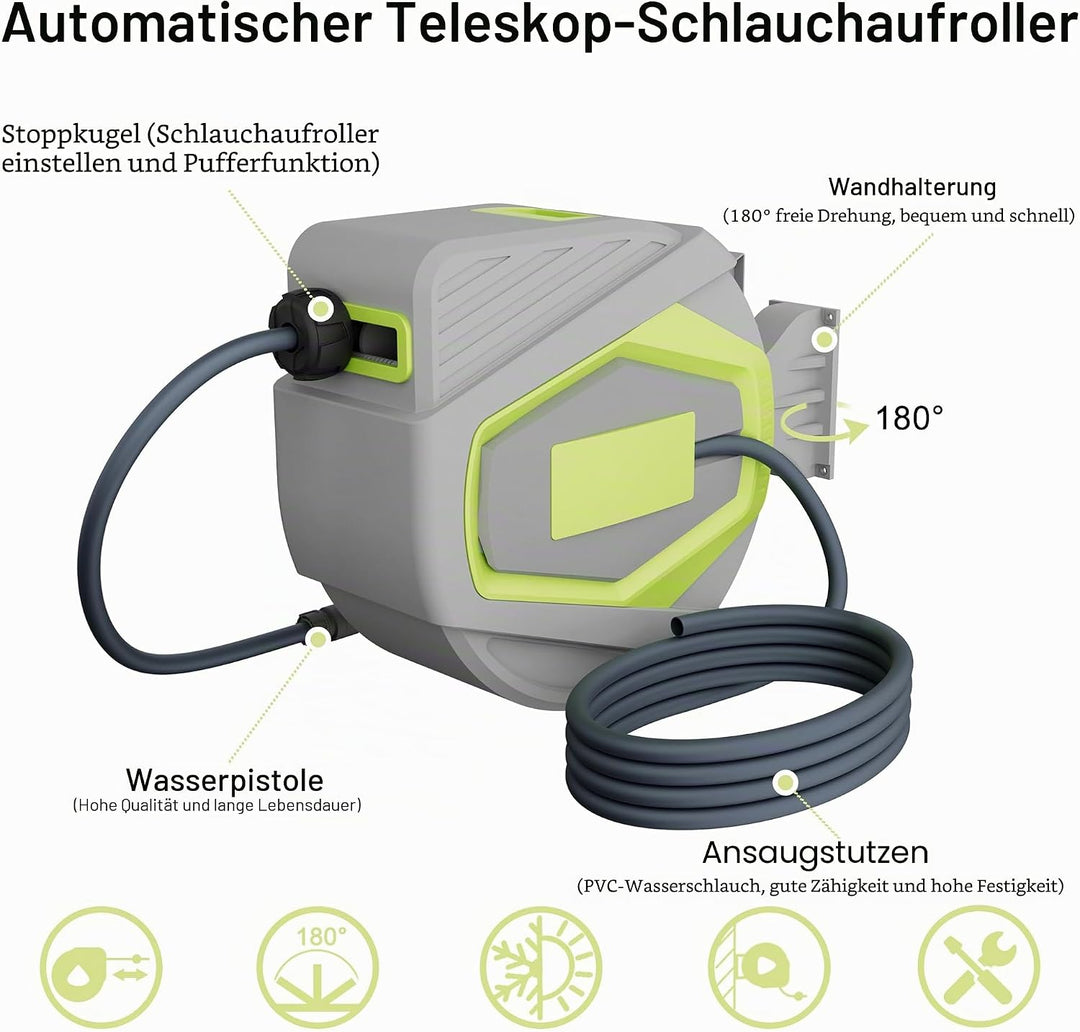 Wandmontage Schlauchtrommeln, 180° Schwenkbare, 30m Automatik Aufrollung PVC Gartenschlauch-Trommel