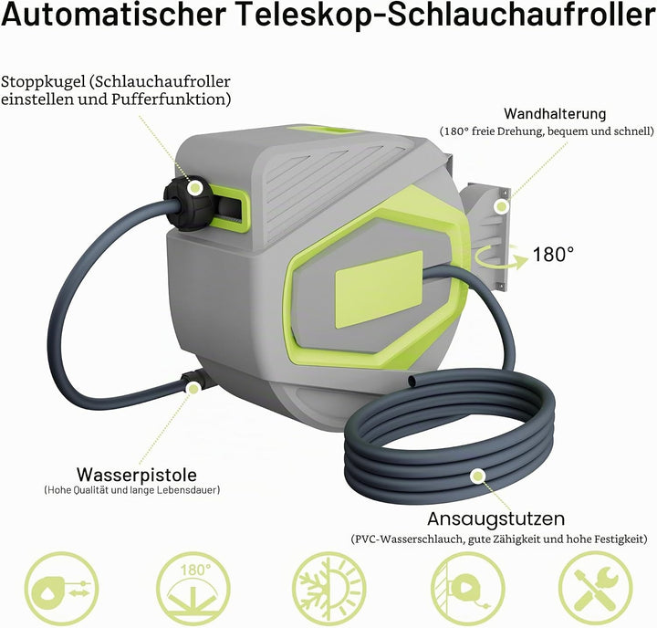 UISEBRT Schlauchtrommel Wasser 28+2m mit 180° Schwenkhalterung &amp; 10 Sprühmodi,Schlauchaufroller zur