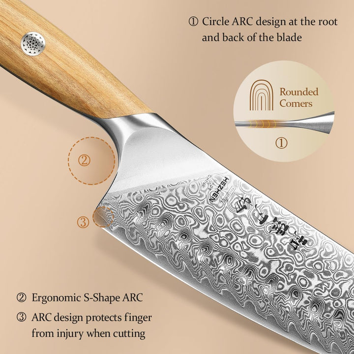 HEZHEN Damast Santokumesser Kochmesser 73 Schichten Damastmesser Küchenmesser mit Olivenholz Griff,